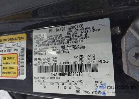 2017 Ford Fusion Se z USA, uszkodzony, nr VIN 3FA6P0HD9HR196910